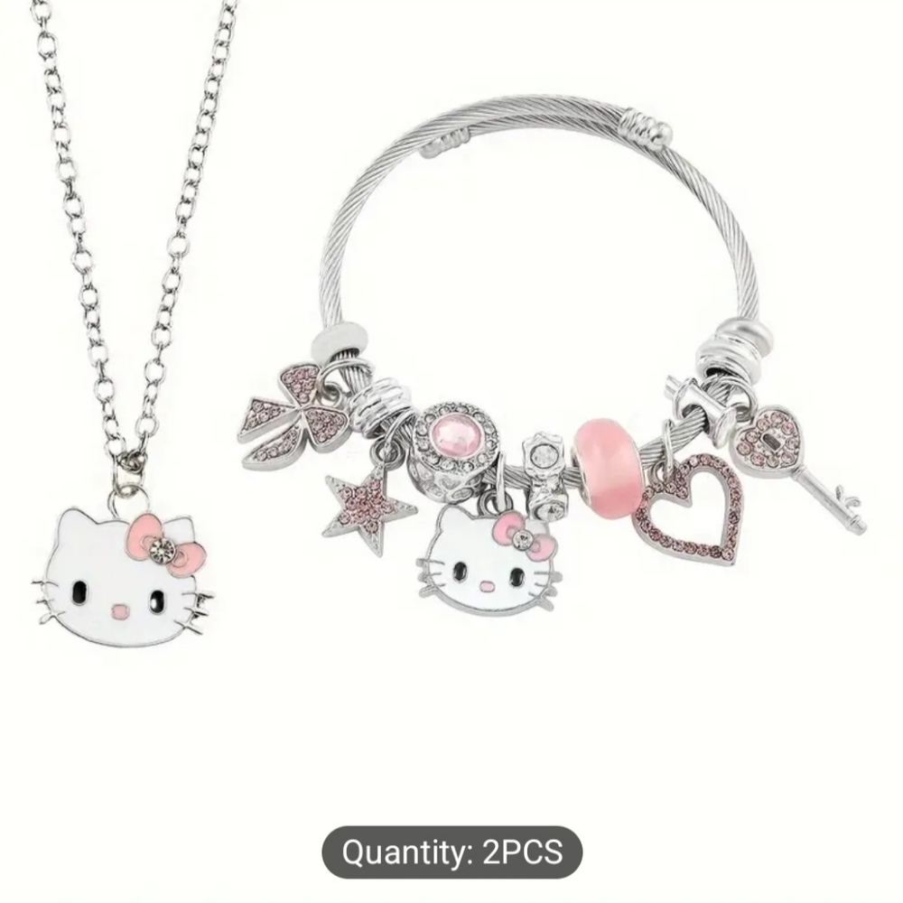 2 PIECE Pandora Style Hello Kitty Charm Bracelet & Necklace NEW Authentic Sanrio